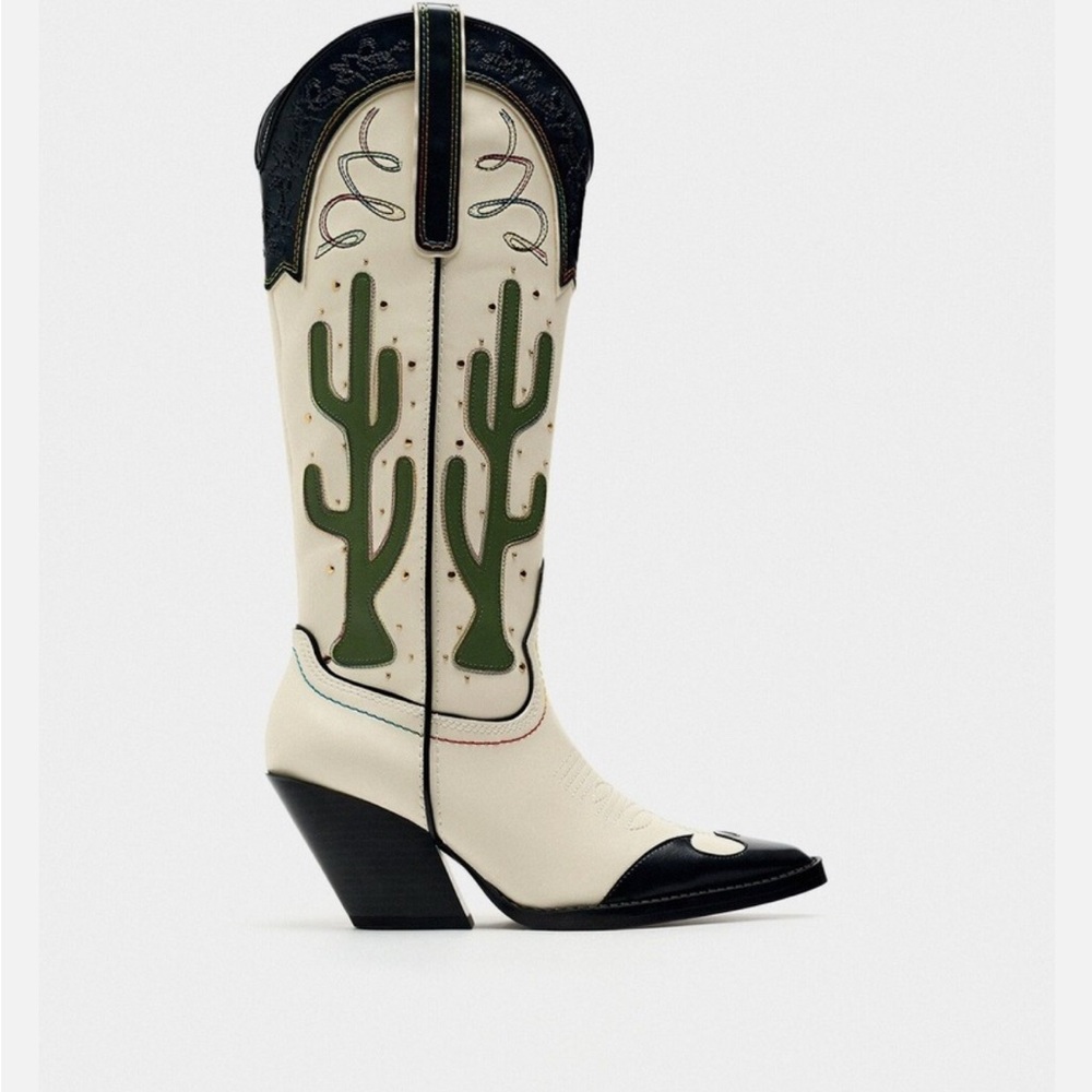 ZARA Cactus Embroidered Cowboy Boots - Black and Cream